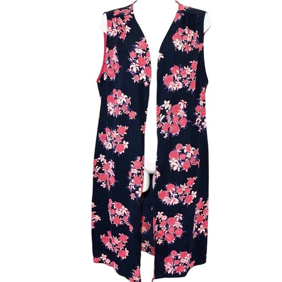 Pleione Womens Navy Blue Pink Long Duster Side Slit Open Vest Top Pockets sz M - Picture 1 of 12